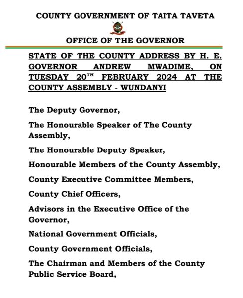 STATE OF THE COUNTY ADDRESS – County Assembly of Taita Taveta